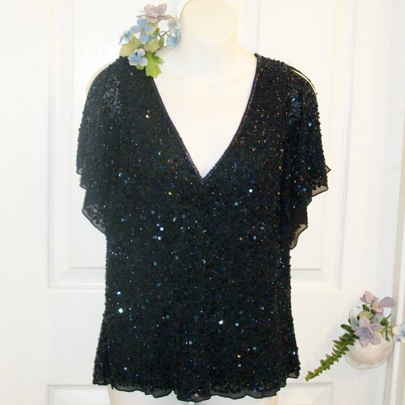 CHADWICK'S Sz 16 Fully Beaded & Sequined Blue Silk Top Split Sleeve Front/Back V - Picture 1 of 9